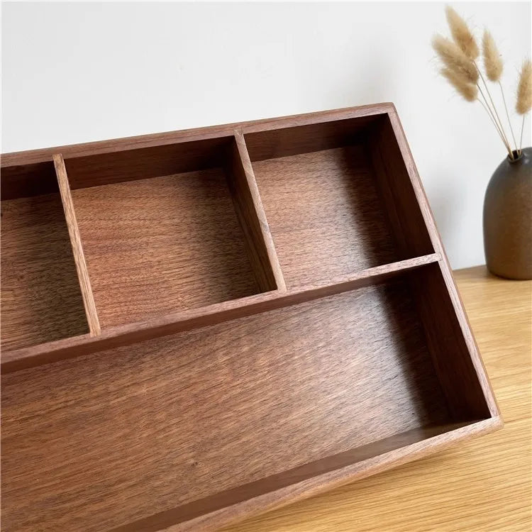 Compartment Solid Walnut Desk Organizer Precision-Crafted Wooden Storage Box for Office Supplies & Stationery